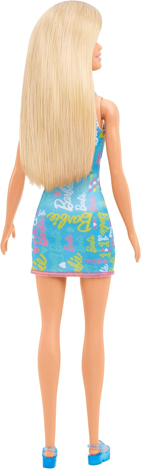 Mattel Barbie ve fialových šatech s květinami – Blondýnka s modrými šaty (HGM59)