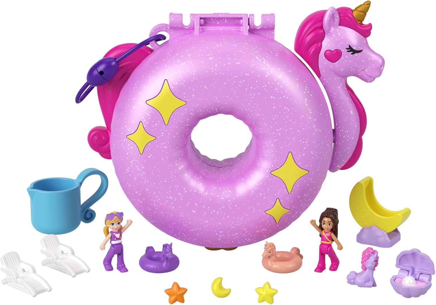 Mattel Polly Pocket: Adventure in Sparkle Cove - Kompaktní jednorožec na nafukovacím polštáři (HKV34)